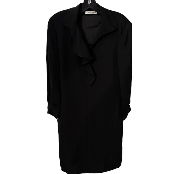Giorgio Armani Italy Solid Black Dress Ruffle V-Neck Back Zip Size US 6 EU 40 - Picture 1 of 11